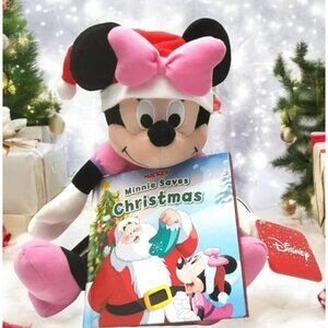 New Minnie Saves Christmas Plush Doll & Book Santa Hat Pink Disney Stuffed Mouse
